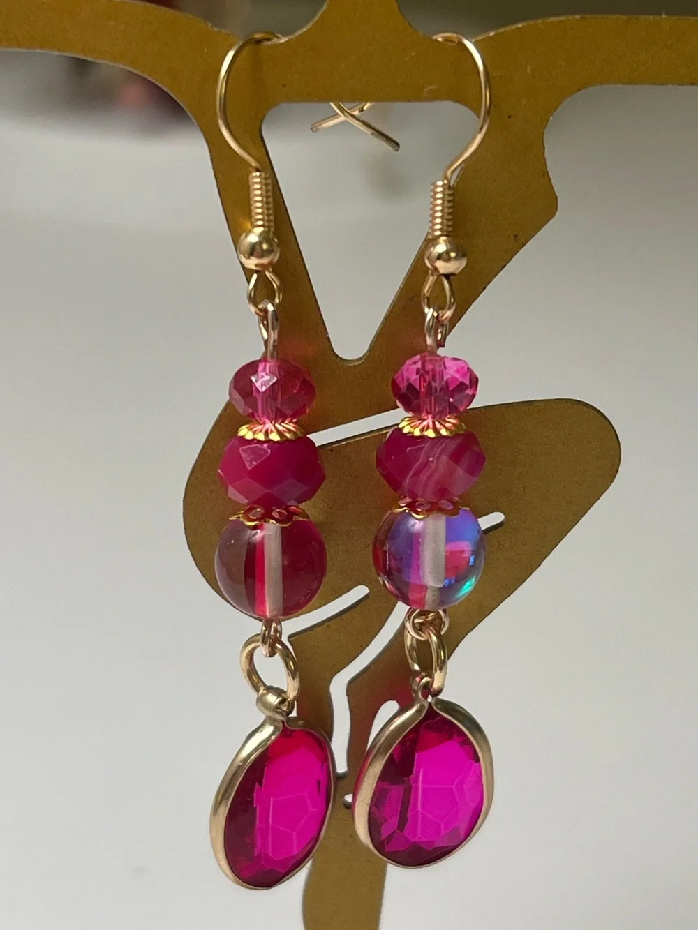 Handmade Drop Earrings with Magenta Crystal Beads & Faceted Crystal Charms